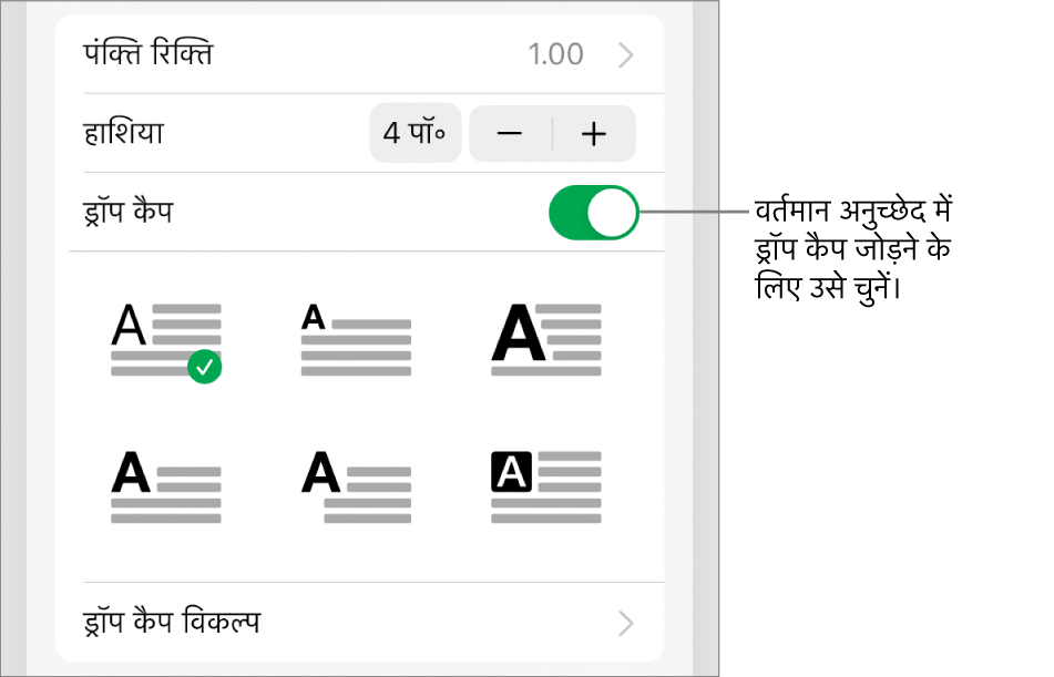 ड्रॉप कैप नियंत्रण टेक्स्ट मेनू के नीचे होते हैं।