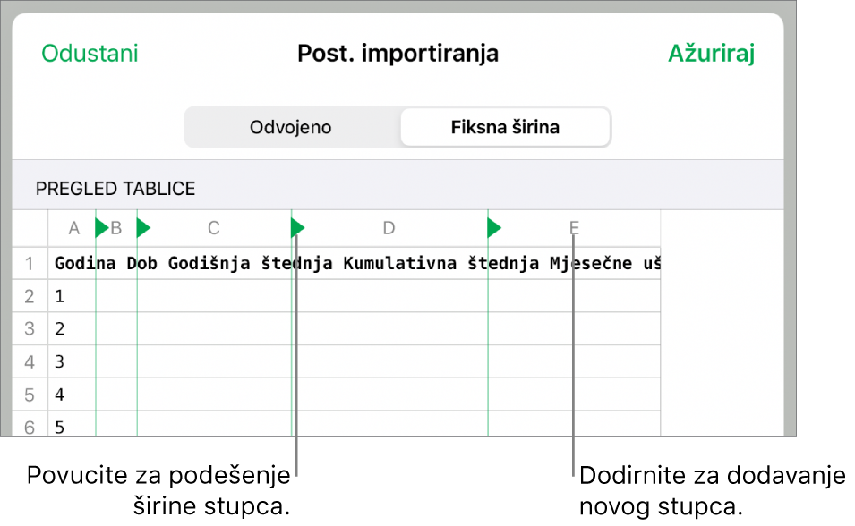 Postavke importiranja za tekstualnu datoteku fiksne širine.