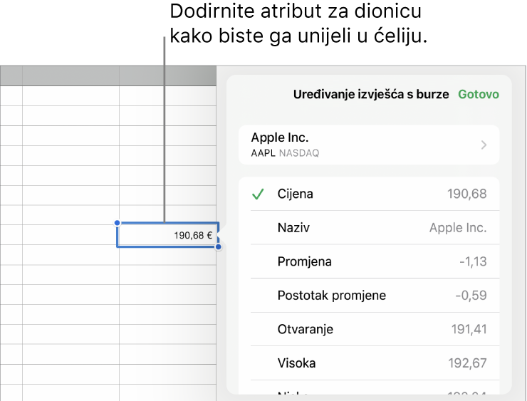 Skočni izbornik za dionice s nazivom dionice pri vrhu i podesivim atributima dionice, uključujući cijenu, naziv, promjenu cijene, postotak promjene cijene, početnu i najvišu cijenu koji su navedeni u nastavku.