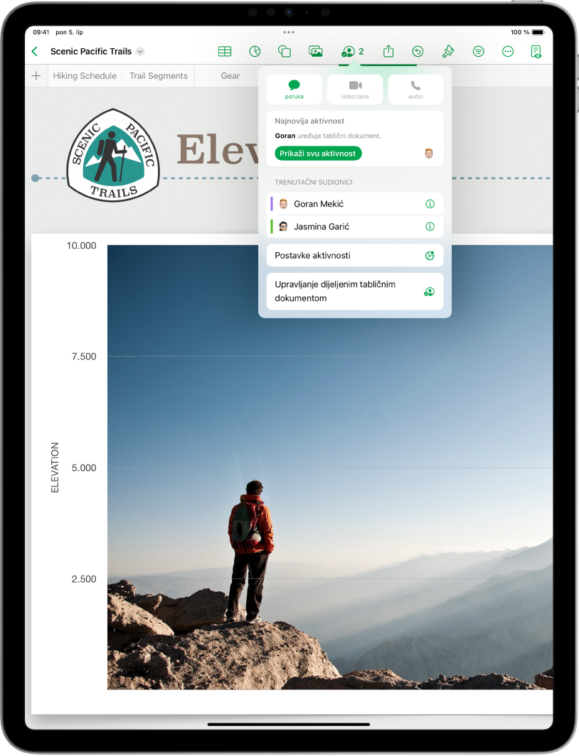 Izbornik suradnje prikazuje imena ljudi koji surađuju na tabličnom dokumentu.