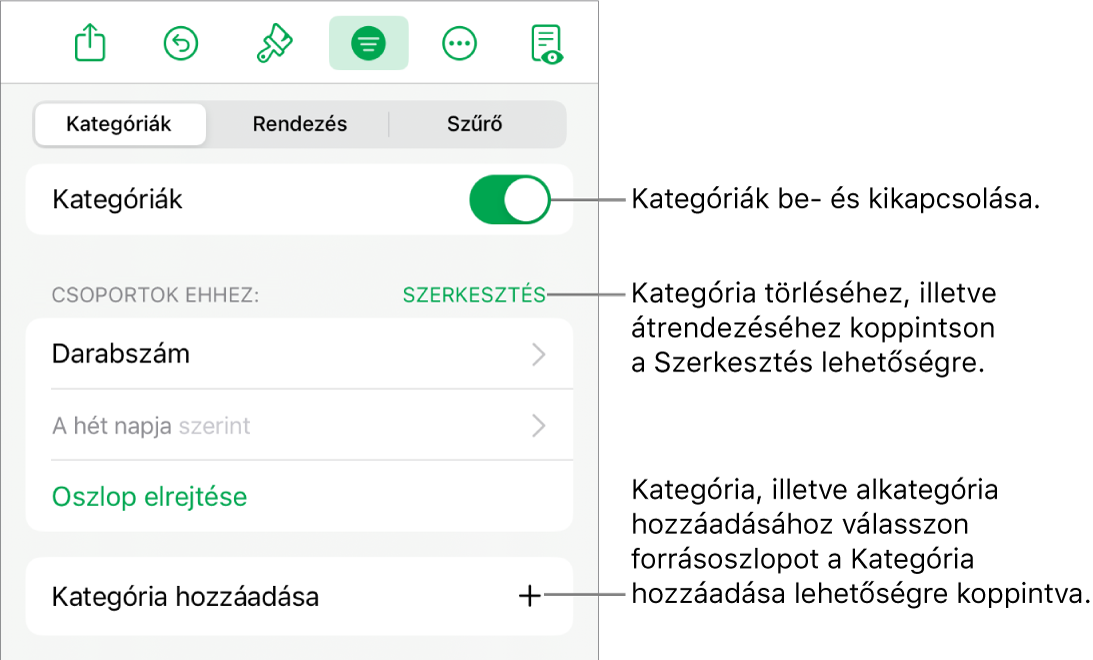 A Kategóriák menü iPad esetén, beállításokkal a kategóriák kikapcsolásához, a kategóriák törléséhez, az adatok átcsoportosításához, forrásoszlop elrejtéséhez és kategóriák hozzáadásához.