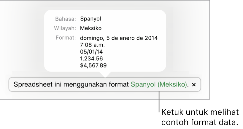 Pemberitahuan pengaturan bahasa dan wilayah yang berbeda, menunjukkan contoh format dalam bahasa dan wilayah tersebut.