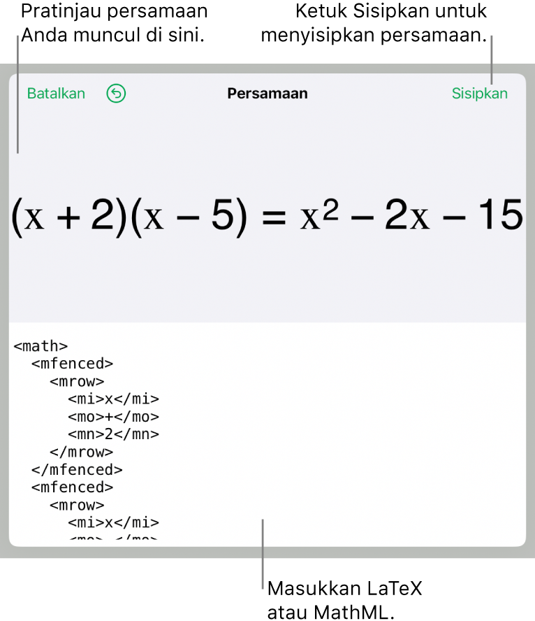 Dialog Persamaan, menampilkan sebuah persamaan ditulis menggunakan perintah MathML, dan pratinjau formula di atas.