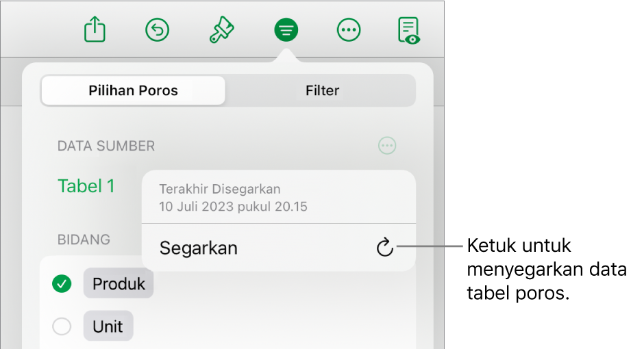 Menu Pilihan Poros menampilkan pilihan untuk menyegarkan tabel poros.