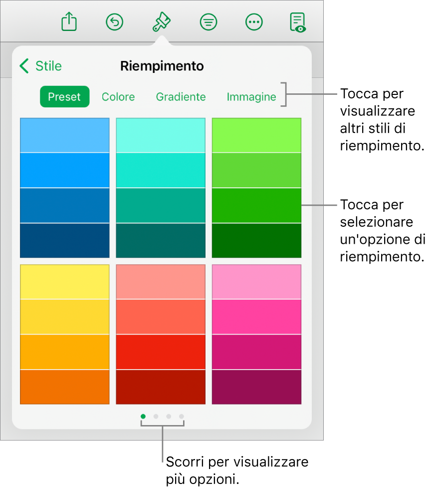 Opzioni di riempimento nel pannello Stile del pulsante Formato.