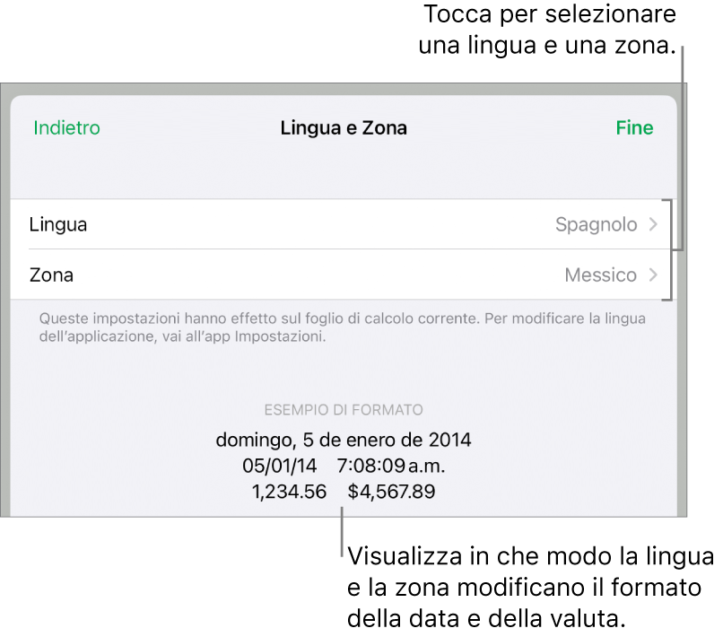 Il pannello Lingua e Zona con i controlli per lingua e zona e un esempio di formato che include data, ora, numeri decimali e valuta.