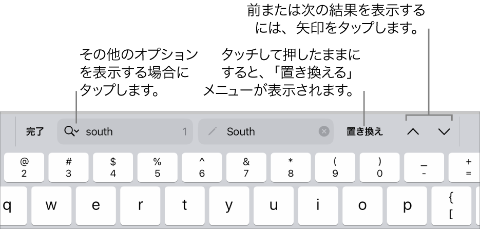 キーボードの上の「検索と置換」コントロール。「検索オプション」、「置き換える」、「上へ移動」、「下へ移動」ボタンへのコールアウトが表示された状態。