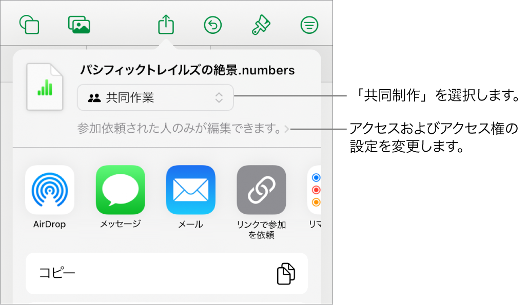 「共有」メニュー。上部の「共同作業」が選択されていて、下に参加対象とアクセス権の設定があります。