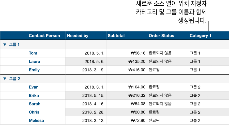 카테고리 및 그룹의 위치 지정자 이름이 있는 분류된 표.