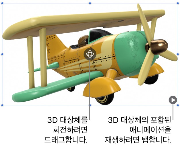 대상체 중앙에 회전 버튼이 있고, 오른쪽 하단 모서리에 재생 버튼이 있는 3D 대상체.