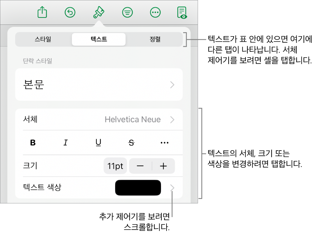 포맷 메뉴에 있는 단락, 문자 스타일, 서체, 크기 및 색상을 설정할 수 있는 텍스트 제어기.