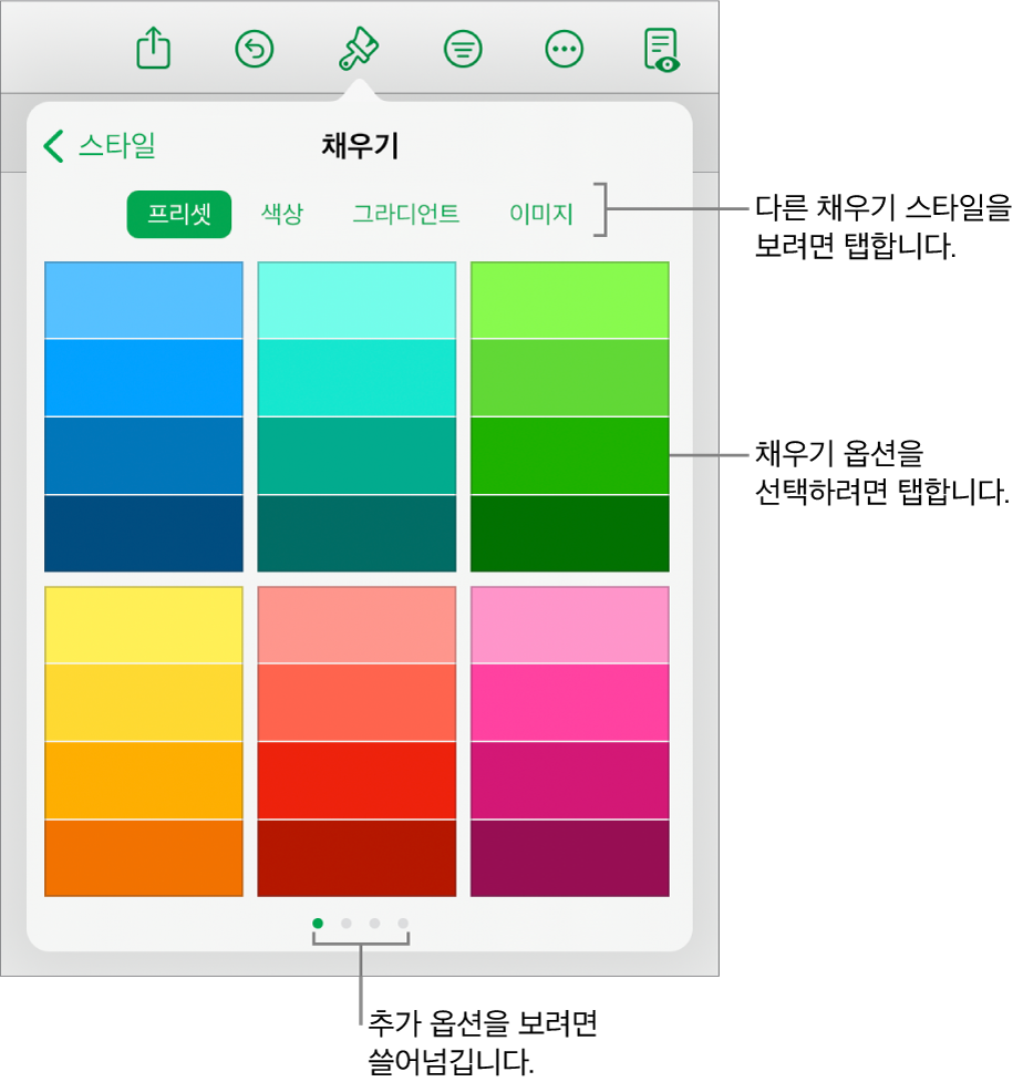 포맷 버튼의 스타일 탭에 있는 채우기 옵션.