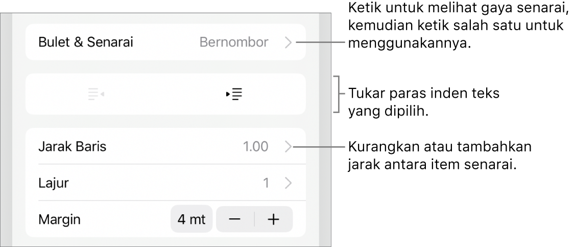 Bahagian Bulet & Senarai daripada kawalan Format dengan petak bual ke Bulet & Senarai, butang outden dan inden serta kawalan jarak baris.