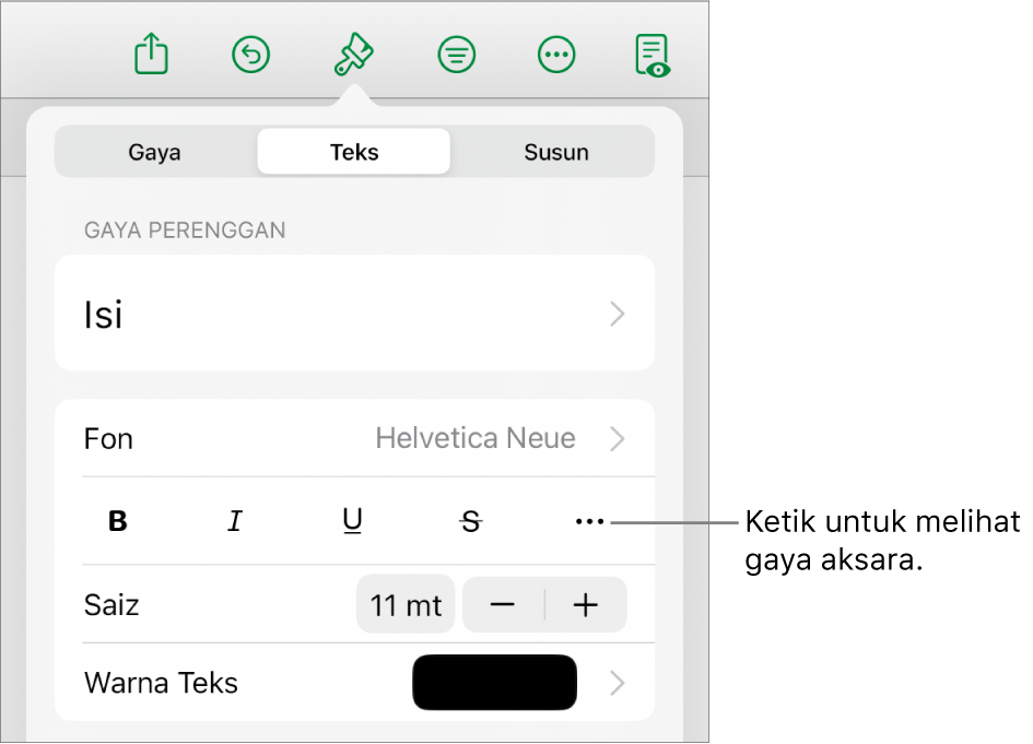 Kawalan Format dengan gaya perenggan di bahagian atas, kemudian kawalan Fon. Di bawah fon ialah butang Tebal, Italik, Garis Bawah, Garis Potong dan Lebih Banyak Pilihan Teks.