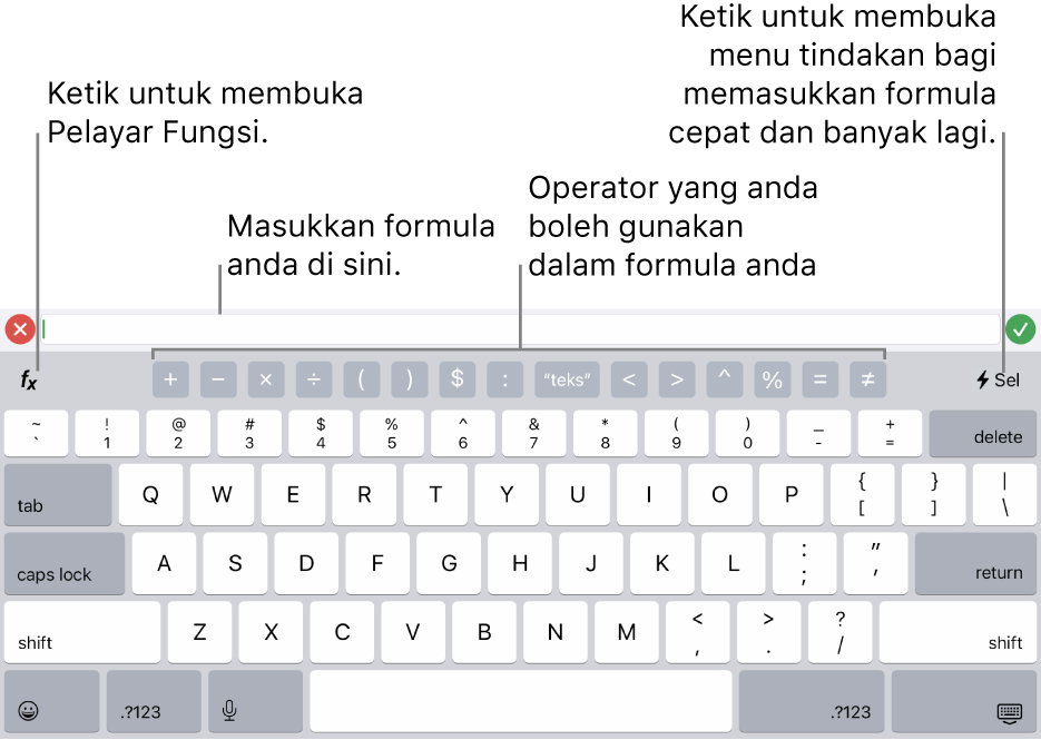 Papan kekunci formula dengan editor formula di atasnya dan operator yang digunakan dalam formula di bawahnya. Butang Fungsi untuk membuka Pelayar Fungsi terdapat di sebelah kiri operator manakala butang menu Tindakan di sebelah kanan.