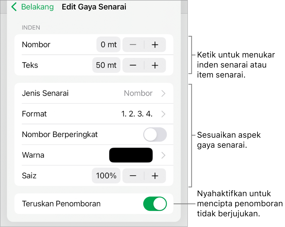 Menu Edit Gaya Senarai dengan kawalan untuk jarak inden, jenis dan format senarai, nombor berperingkat, warna dan saiz senarai serta nombor berterusan.