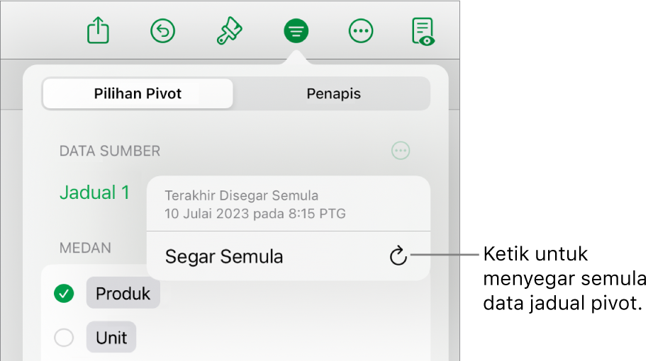 Menu Pilihan Pivot menunjukkan pilihan untuk menyegar semula jadual pivot.