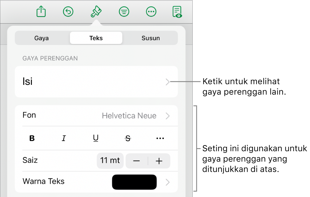 Menu Format menunjukkan kawalan teks untuk mengesetkan perenggan dan gaya, fon, saiz dan warna aksara.