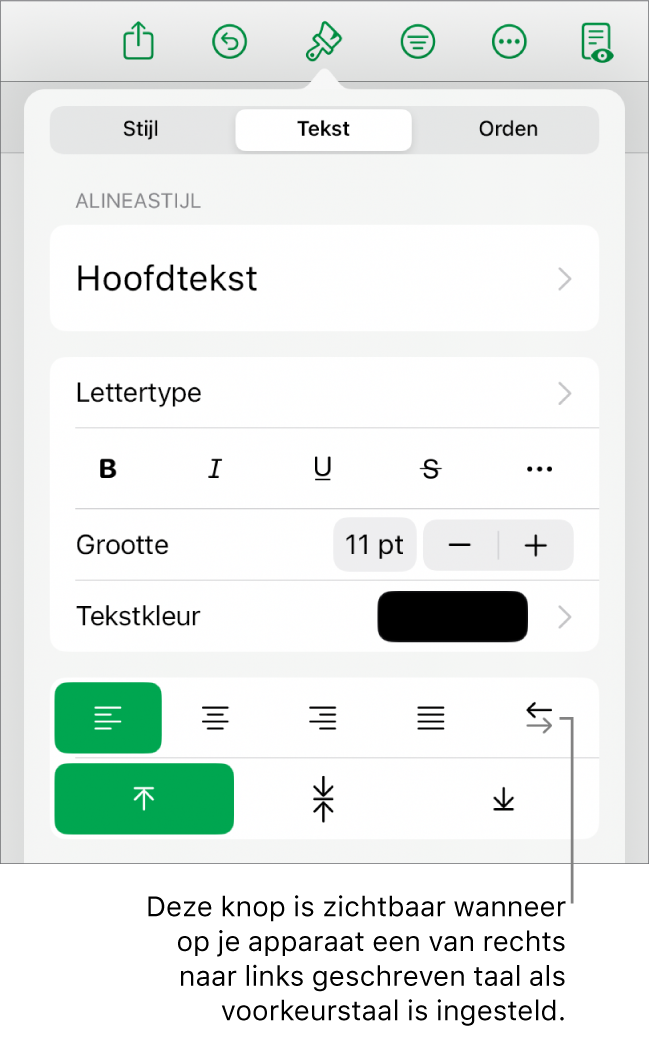 Het gedeelte 'Stijl' van het opmaakmenu met uitleg bij de knop voor rechts naar links.