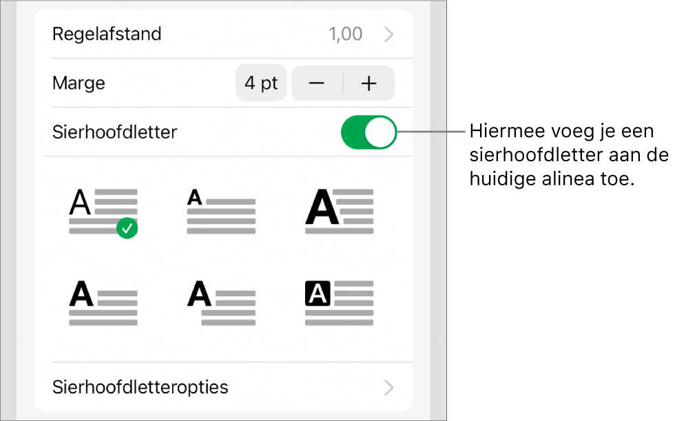 De regelaars voor sierhoofdletters in het menu 'Tekst'.