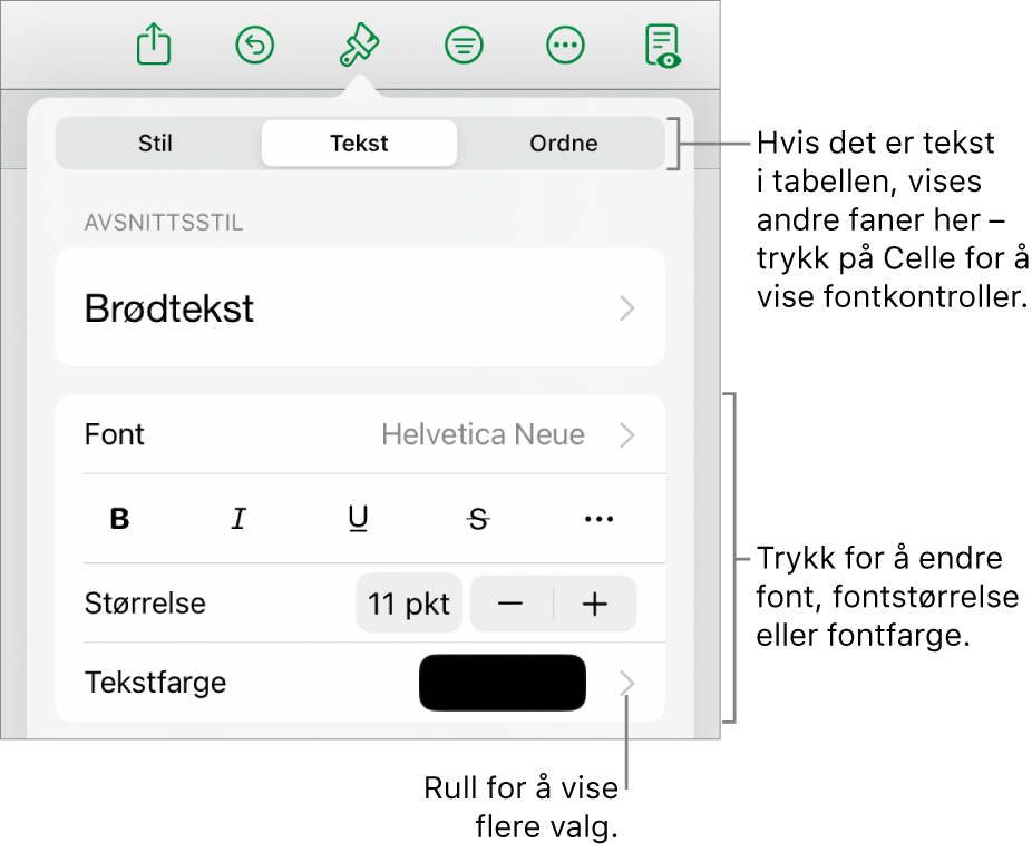 Tekstkontroller i Format-menyen for å angi avsnitts- og tegnstiler, font, størrelse og farge.