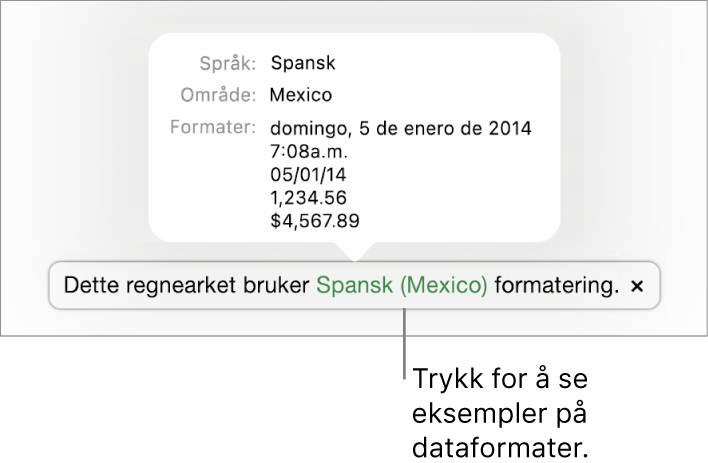 Varsling som viser en annen språk- og regionsinnstilling, med eksempler på formatering for det språket og den regionen.