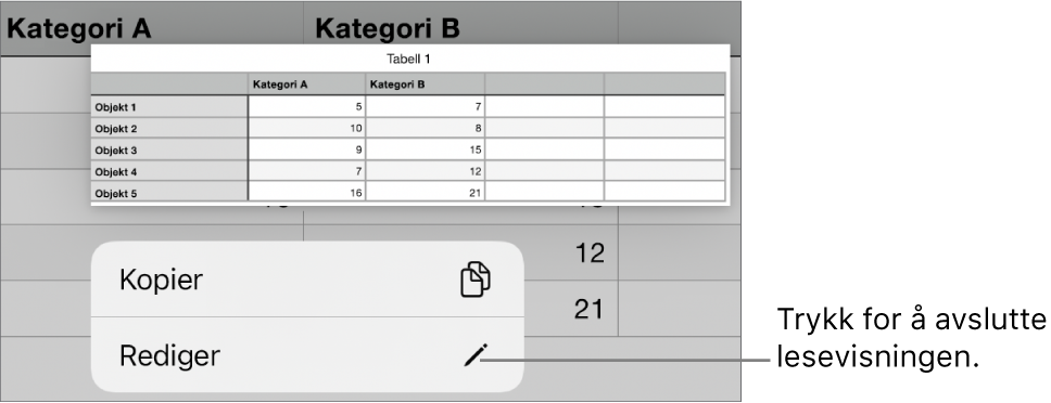 En tabellcelle er markert, og over den vises en meny med knappene Kopier og Rediger.
