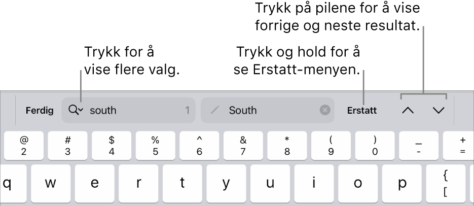 Søk og erstatt-kontrollene over tastaturet med bildebeskrivelser for knappene for Søkealternativer, Erstatt, Gå opp og Gå ned.