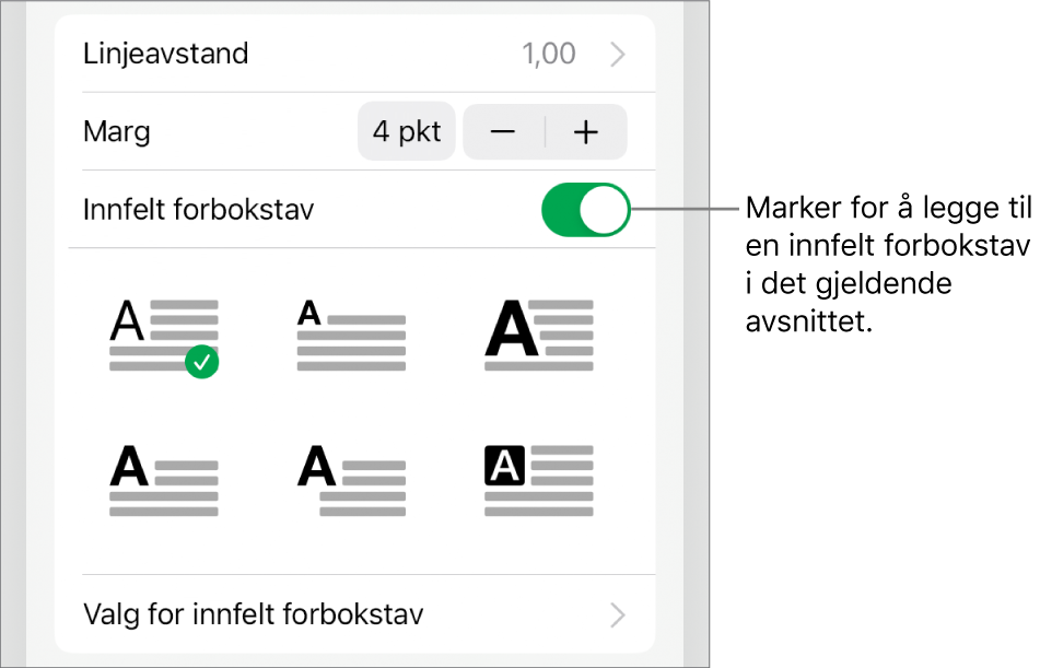 Innfelt forbokstav-kontrollene vises i Tekst-menyen.