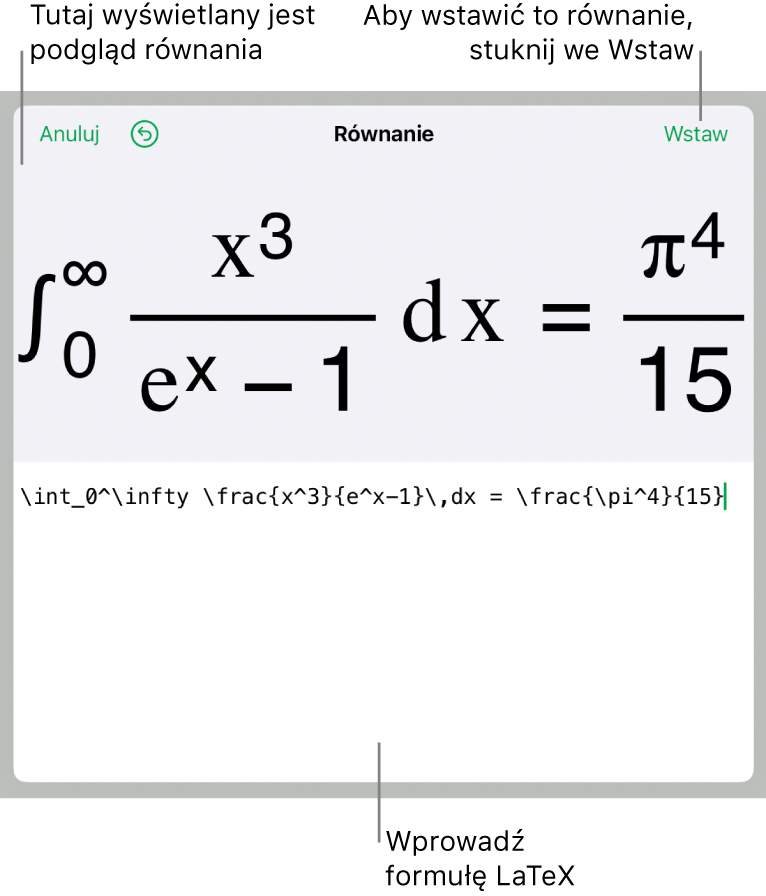 Pole dialogowe Równanie, zawierające równanie zapisane przy użyciu języka LaTeX. Powyżej widoczny jest podgląd tego równania.