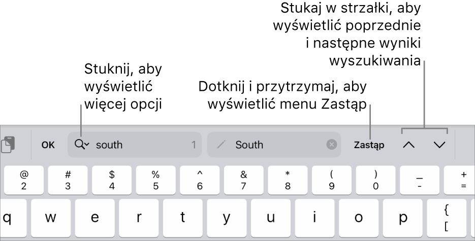 Narzędzia Znajdź i zastąp nad klawiaturą. Objaśnienia wskazują przyciski Opcje wyszukiwania, Zastąp, Do góry oraz W dół.