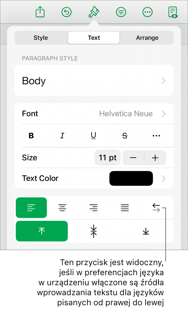 Sekcja Styl na pasku bocznym Format z opisem wskazującym przycisk Od prawej do lewej.