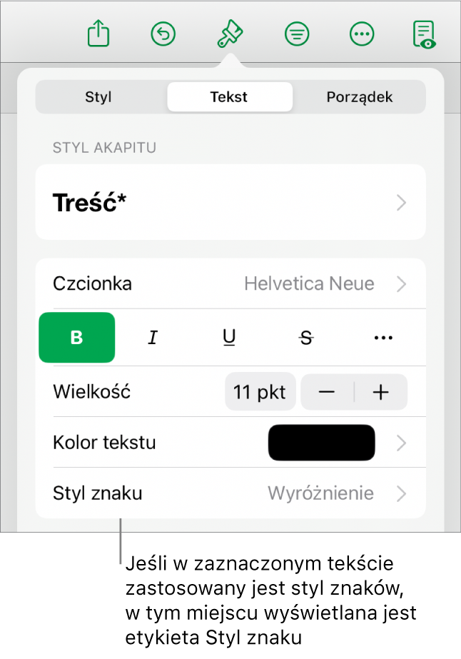 Narzędzia formatowania tekstu oraz menu stylów znaków widoczne poniżej narzędzi koloru. Styl znaków Brak wyświetlany jest z gwiazdką.