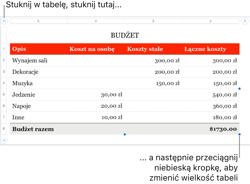 Zaznaczona tabela z niebieskimi kropkami pozwalającymi na zmienianie jej wielkości.