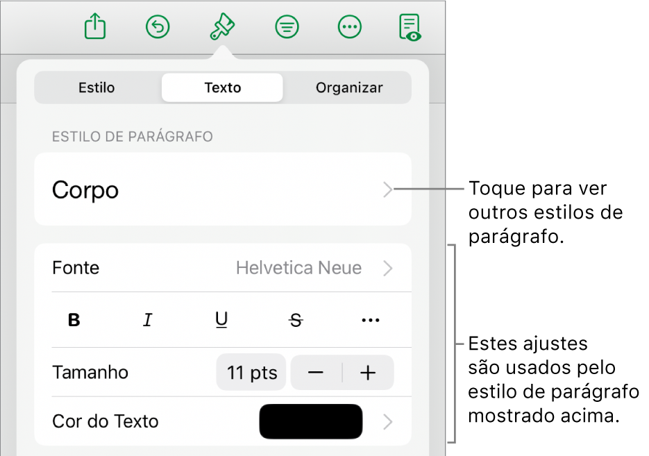 O menu Formatar, mostrando controles de texto para definir estilo, fonte, tamanho e cor de caractere e parágrafo.