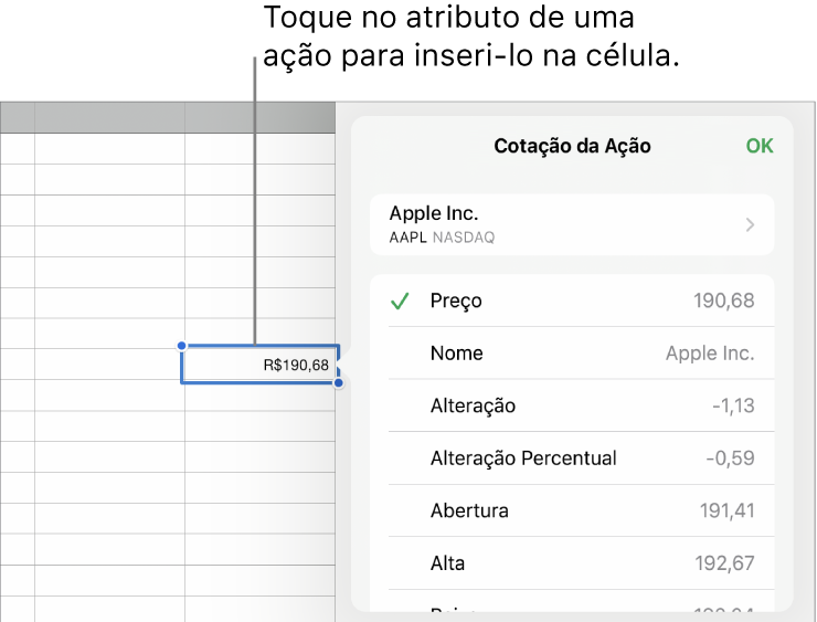 Popover de cotação da ação com o nome da ação na parte superior e atributos selecionáveis da ação, incluindo preço, nome, alteração, abertura e máximo na lista abaixo.