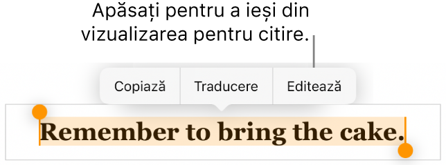 O propoziție este selectată și deasupra acesteia se află un meniu contextual cu butoanele Copiați și Editați.