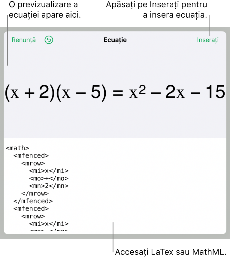 Caseta de dialog Ecuație, afișând o ecuație scrisă cu ajutorul comenzilor MathML și, deasupra, o previzualizare a formulei.