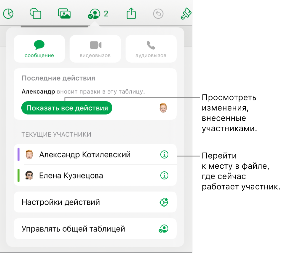 Просмотр последних действий пользователей в общей таблице в Numbers на iPad  - Служба поддержки Apple (RU)