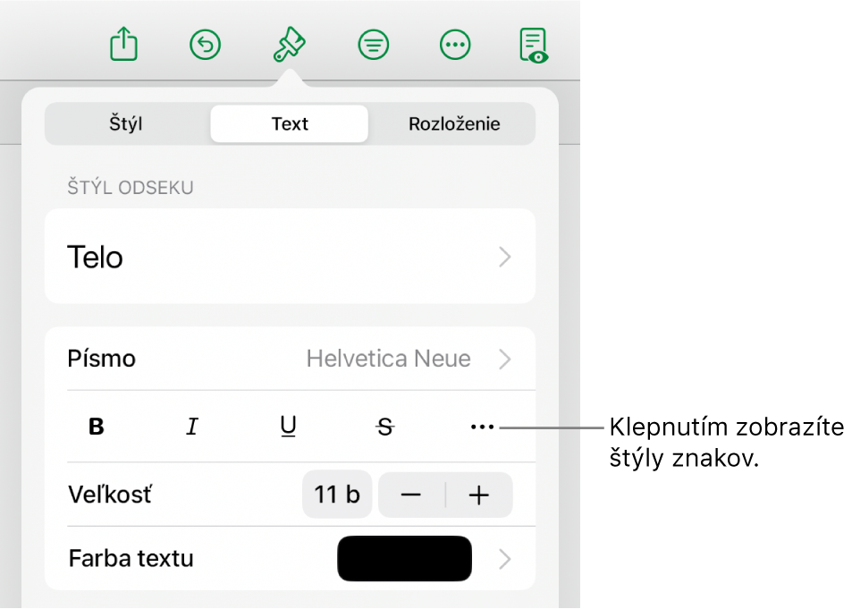 Ovládacie prvky Formát so štýlmi odseku v hornej časti, ako aj ovládacie prvky Písmo. Pod Písmom sú tlačidlá Tučné, Kurzíva, Prečiarknutie a Viac možností textu.