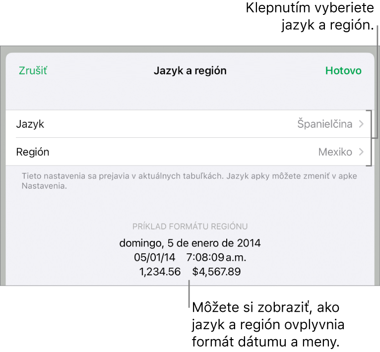 Panel Jazyk a región s ovládacími prvkami pre jazyk a región a príklad formátu dátumu, času, desatinného znaku a meny.