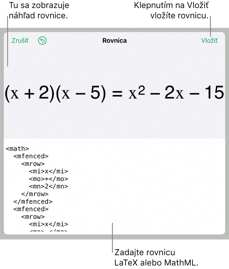 Dialógové okno Rovnica zobrazujúce rovnicu napísanú pomocou príkazov MathML, vyššie sa nachádza náhľad vzorca.