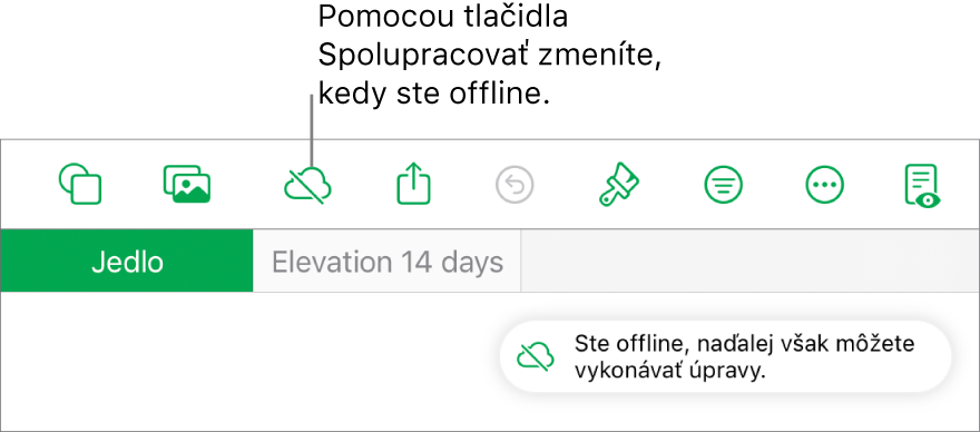 Tlačidlá v hornej časti obrazovky s tlačidlom Spolupráca zmeneným na obláčik s diagonálnou čiarou. Upozornenie na obrazovke s oznámením Ste offline, ale naďalej môžete upravovať.