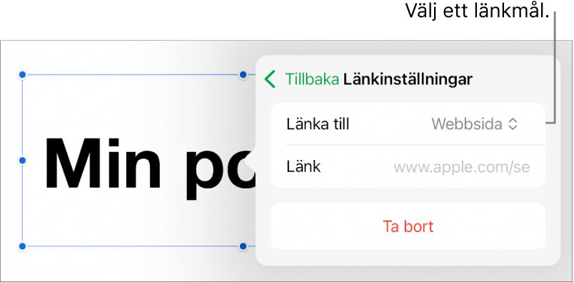 Reglage för länkinställningar med Webbsida markerat och knappen Ta bort längst ned.