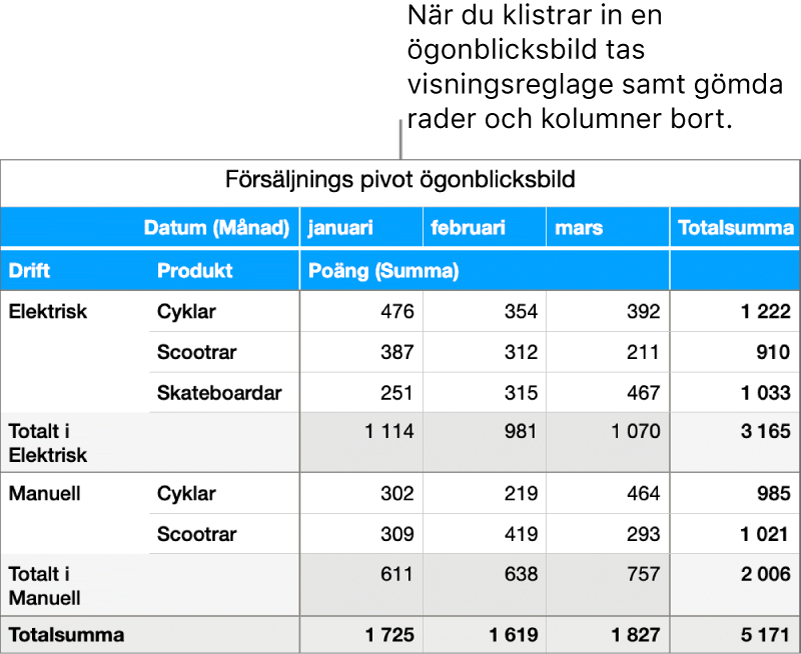 En ögonblicksbild av en pivottabell