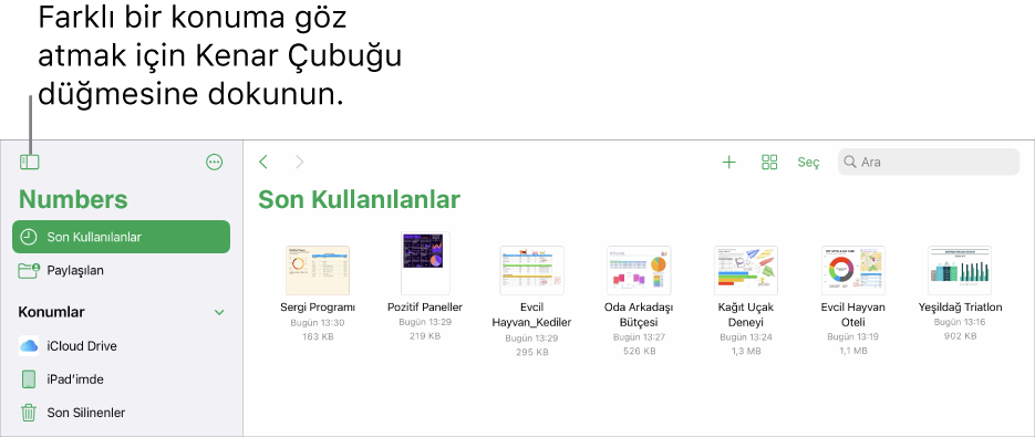 Sol üst köşede Kenar Çubuğu düğmesi ile hesap tablosu yöneticisinin göz at görüntüsü. Sağ üstte Ekle düğmesi, Yeni Klasör düğmesi, Simgeler düğmesi (ada, tarihe, büyüklüğe veya etikete göre sıralamak için), Seç düğmesi ve Ara düğmesi.