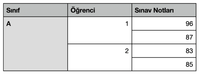 Bir sınıftaki iki öğrencinin notlarını düzenlemek için birleştirilmiş hücreler dizisini gösteren bir tablo.