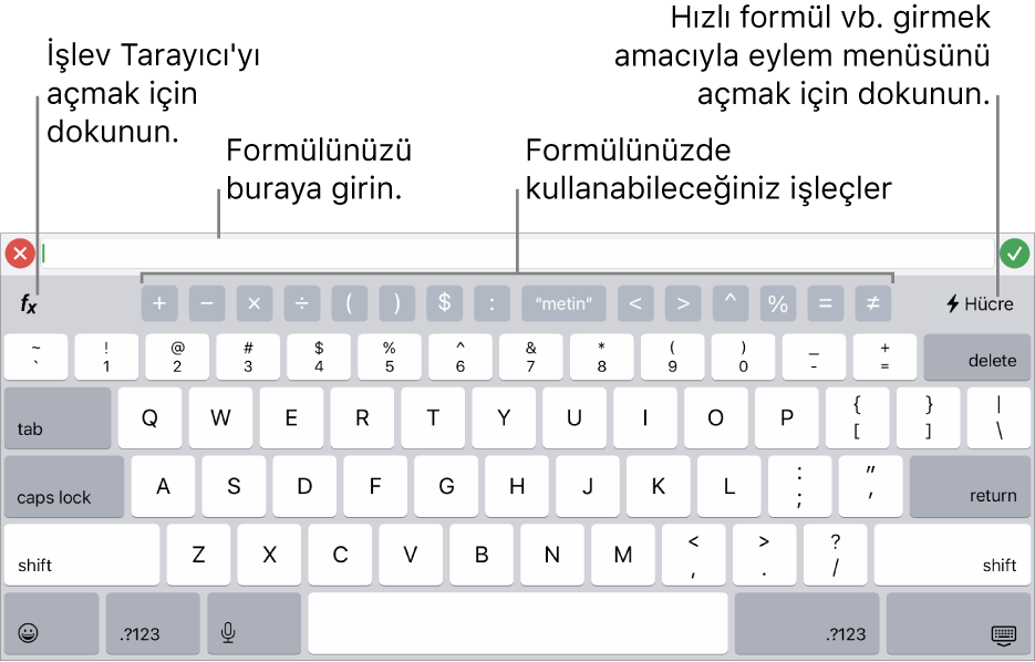 En üstte formül düzenleyici ile birlikte formül klavyesi ve onun altında formüllerde kullanılan işleçler. İşlev Tarayıcı’yı açmak için kullanılan İşlevler düğmesi işleçlerin solunda, Eylem menüsü düğmesi ise sağda.