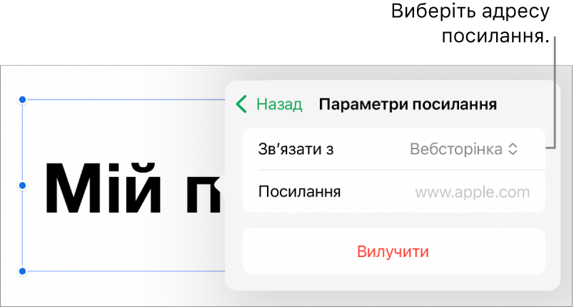 Елементи керування параметрами посилань із вибраною вебсторінкою та кнопкою «Вилучити» внизу.