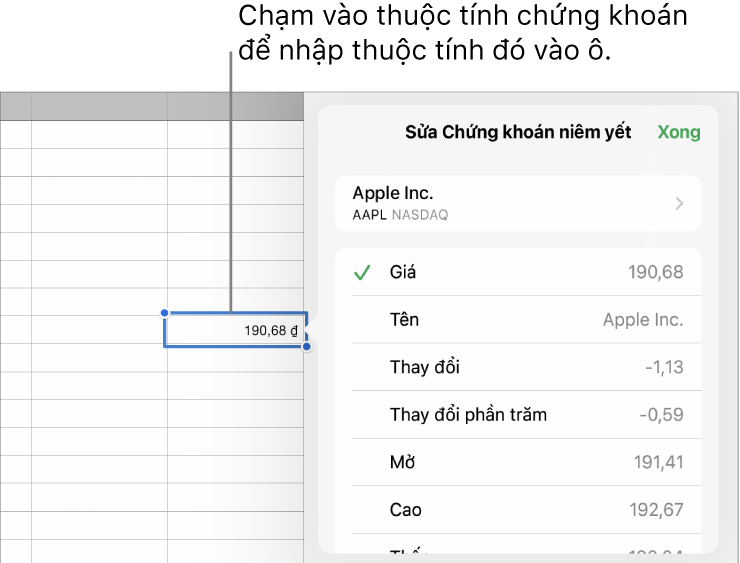 Cửa sổ bật lên chứng khoán niêm yết, với tên chứng khoán ở trên cùng và các thuộc tính chứng khoán có thể chọn, bao gồm giá, tên, thay đổi, phần trăm thay đổi, mở và cao được liệt kê bên dưới.